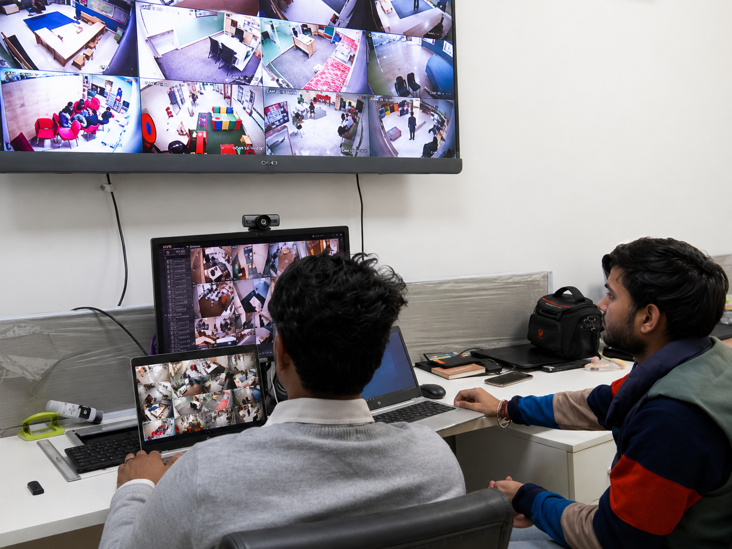 CCTV control room monitoring live school camera feeds